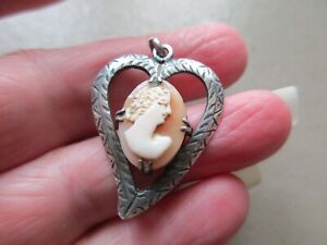 ANTIQUE VINTAGE EDWARDIAN STERLING SILVER WITCHES HEART CAMEO FOB CHARM PENDANT