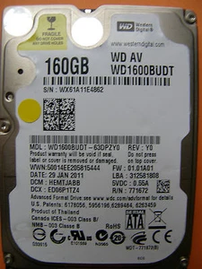 160 GB Western Digital WD1600BUDT-63DPZY0 / HEMTJABB / 2060-771672-004 REV A - Imagen 1 de 1
