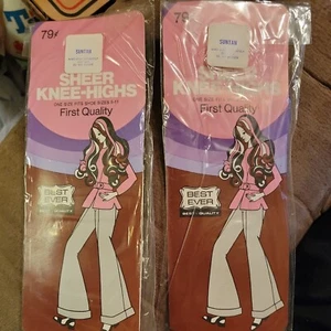 Vintage Set of 2 Best Ever 100% Nylon Sheer Knee-Highs Suntan Size 5-11 NoS - A4 - Picture 1 of 3