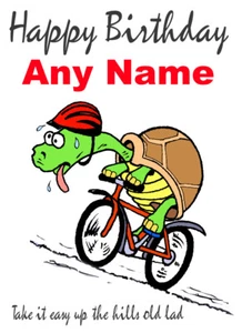 PERSONALISED CYCLING OLD LAD CYCLIST FUNNY TORTOISE CARTOON BIRTHDAY/OTHER CARD - Picture 1 of 2