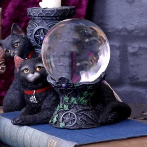 Cosmo Cat Crystal Ball & Holder Pagan Wiccan Black Cat Pentagram Triquetra Goth - Picture 1 of 5