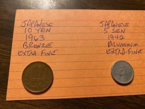 Japanese 1963 10 Yen bronze and a Japanese 1942 5 SEN aluminum vintage coins - Picture 1 of 6