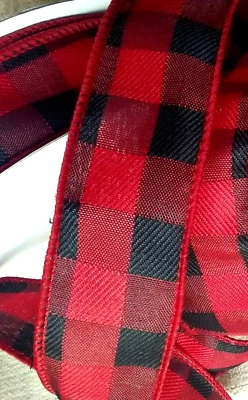 Red Black Buffalo Plaid 1.5" x 5 yd  Wired Ribbon Country Check Christmas Winter - Image 1 of 4