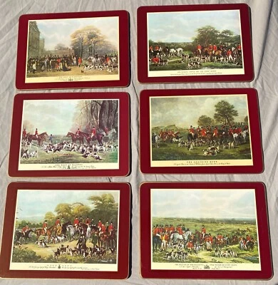 6pc Hunt Hounds Meet Clover Leaf Table Cork Placemats Red England VGUC - Image 1 of 4