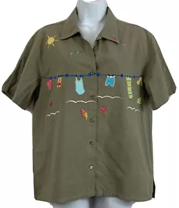Bobbie Brooks Gr. M (8/10) Khaki Knopfleiste Bluse Strand Motiv Stickerei Applikation - Bild 1 von 12