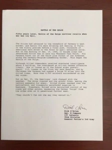 ERINNERUNG AN DIE SCHLACHT DER BULGE TYPOSKRIPT SIGNIERT SGT DICK O'BRIEN WWII GEN PATTON - Bild 1 von 1