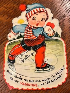 antique LITTLE BOY ICE SKATING mechanical  glossy  diecut VALENTINE circa 1930's - Picture 1 of 3