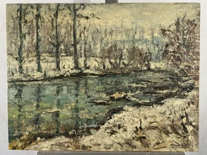 Huile sur panneau postimpressionniste XXe signée : paysage de neige 50x65 cm - Foto 1 di 13