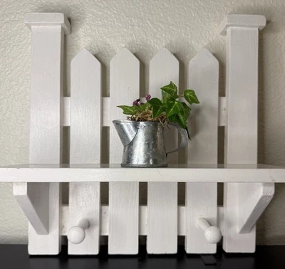 White Picket Fence Wall Shelf 12x11 Cottage Farmhouse Decor with Pegs - Image 1 of 4