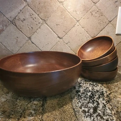 Weston Bowl Mill Weston VT Wood Salad Serving Bowl With 4 Small Wood Salad Bowls - Image 1 of 4