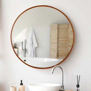 Aquaterior 24" Round Wall Mirror Wooden Frame Farmhouse Hanging Bathroom Décor - Picture 1 of 8