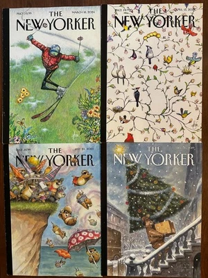 4 New Yorker Magazine Covers Only  Peter de Seve  Skiing Beach Birds Christmas - Image 1 of 4