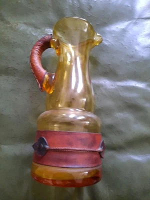 Vintage Amber Glass Pitcher/jug With Leather Clad Handle And Strap. - Image 1 of 4