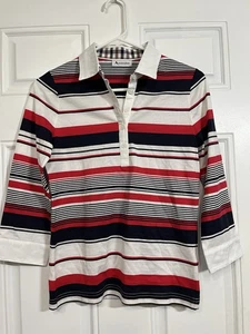 Aquascutum Women's Striped Polo Red White Navy Small 3/4 Sleeve Cotton Classic - Picture 1 of 5