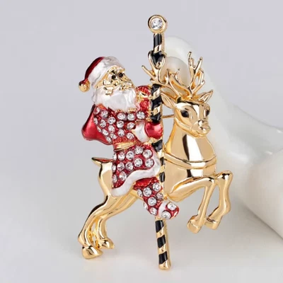 Luxury Santa Claus Brooch Pin Crystal Rhinestone Christmas Jewelry Gift Women - Image 1 of 4