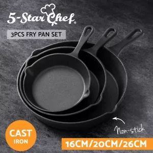 5-star chef Frying Pan Cast Iron Steak Skillet BBQ Oven Cookware 3PCS - Picture 1 of 8