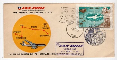 CHILE FDC 1974 Easter Islan Isla de Pascua regular flight Fiji Tahiti Australia - Image 1 of 2