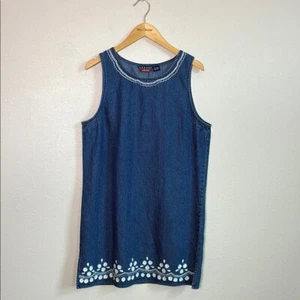 AGAPO Women Large Vintage 90s Cotton Denim Embroidered Sleeveless Shift Dress - Picture 1 of 10