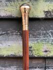 CLASSIC STYLE WOODEN WALKING STICK CANE BRANCH HANDLE SHINY BRASS FINISH