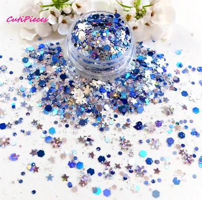 Nail Art Glitter *Star of Wonder* Blue Silver Hexagon Snowflake Spangle 5ml Pot
