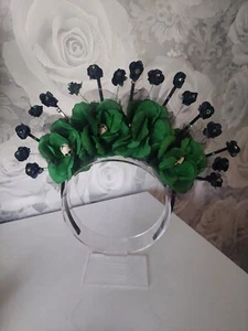 Emerald Green and Black Floral Gothic Crown Hairband Skulls By Cara's Crowns - Picture 1 of 24