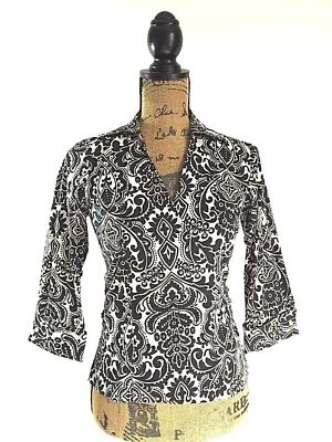 Ann Taylor Shirt 4P Black Ivory Floral True Wrap 3/4 Sl Pearl Button Tie Belt - Image 1 of 4