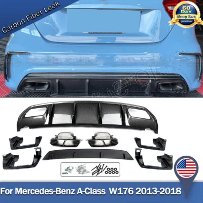 FOR MERCEDES A CLASS W176 13-18 A45 CARBON LOOK REAR DIFFUSER+QUAD EXHAUST TIPS - Изображение 1 из 4