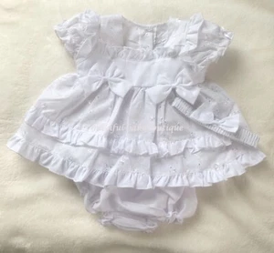 Baby Girls White Frills & Bows Dress Pants Headband Outfit NB-0-3-6M - Picture 1 of 3