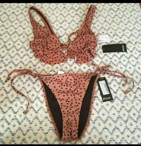 Nasty Gal Womens Bikini Swimsuit brown polka dots Tie High Tanga 4 New - Picture 1 of 6