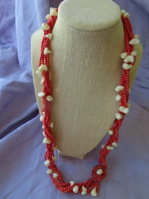 Vintage Marvella Orange Seed Bead Necklace w/ white bead accents 26" long L78 - Image 1 of 4