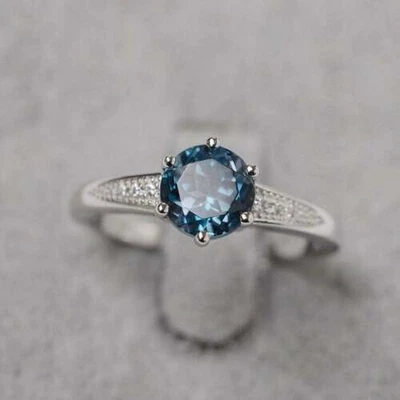 2Ct Brilliant Round Cut London Blue Topaz Engagement Ring 14K White Gold Finish - Image 1 of 4