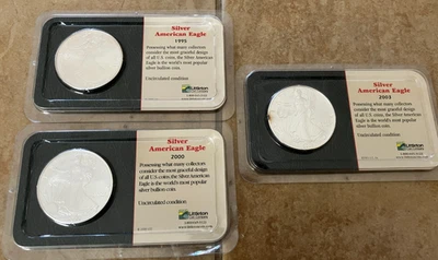Lot of 3 American Eagle Dollars Uncirc 1 oz .999 Silver 1995 2003 2005 Littleton - Image 1 of 4