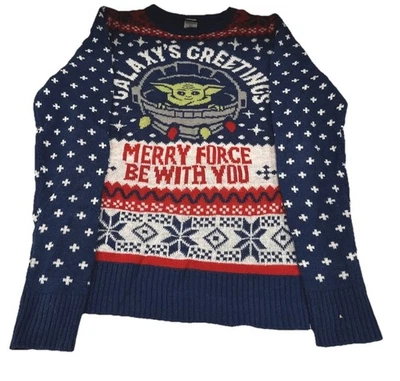 Star Wars Men's Christmas Sweater Blue Sz S Merry Force Be With You Baby Yoda - Image 1 of 4