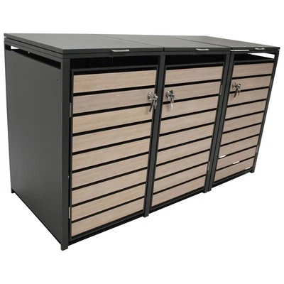 Mülltonnenbox 3-er Mülltonnenhaus Müllbox, 3x 240l, 200x80x116cm grau Holzoptik - Bild 1 von 4
