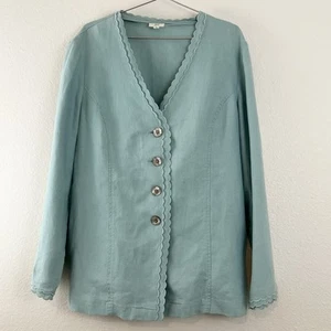 J Jill Top Womens M Button Up Tunic Jacket Aqua Blue Scalloped Edge 100% Linen - Picture 1 of 5