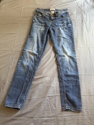 Mudd Jeans Y2K Girls Sz 12s Distressed Worn Medium Wash Love Peace Happiness - Image 1 of 4