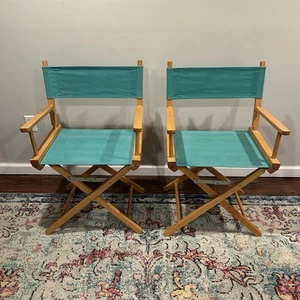 Vintage Folding Directors Chairs Green Canvas Oak Wood Frame 33" MCM Lot of 2 - Picture 1 of 17