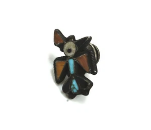 Vintage Native American Silver Turquoise & Coral Inlay Thunderbird Tie Tac - Picture 1 of 7