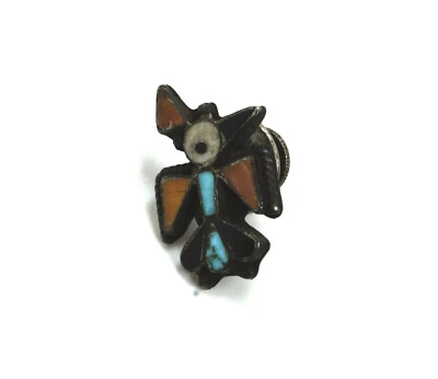 Vintage Native American Silver Turquoise & Coral Inlay Thunderbird Tie Tac - Image 1 of 4