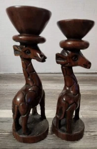 2 dunkle Holz afrikanische Giraffe Kerzenhalter handgeschnitzt 8" & 7,5' - Bild 1 von 9