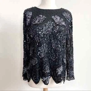 Vintage 80s 90s top blouse black heavily beaded sequins floral formal glam glitz - Picture 1 of 8