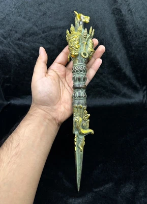 Vintage Tibetan Buddhism Bronze Dorje Vajra Phurba Dagger Horse Elephant Statue - Image 1 of 4