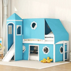 Twin Size Loft Bed with Slide Blue Tent and Tower Kids Child Blue - Picture 1 of 12