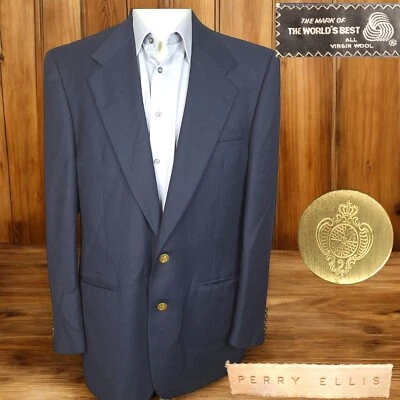 Abrigo Deportivo Perry Ellis Para Hombres 42L Blazer Azul Marino Dorado Botones Lana Foto 1 de 4