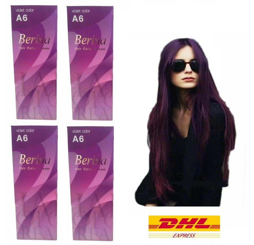 4 x TINTE PARA EL CABELLO BERINA A6 COLOR PÚRPURA VIOLETA Estilo Moda COLOR PERMANENTE CREMA Foto 1 de 4