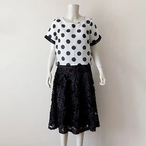 Black & White Semi-Sheer Mesh Windowpane-Polka Dot Short-Sleeve Crop Top/Medium - Picture 1 of 8
