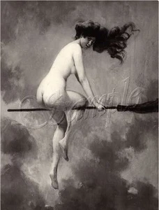 HEXEREI AKT HEXE FLIEGENDER BESEN SABBAT WICCA VINTAGE LEINWAND KUNSTDRUCK GROß - Bild 1 von 1