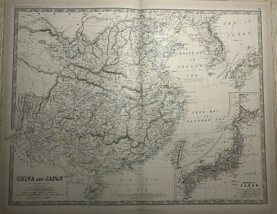 Mapa antiguo original grande coloreado a mano de China y Japón de 1881 de Johnston Foto 1 de 3