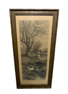 Antiker Albert Fitch Blasebalg gerahmt & signiert Radierung 1883 "Im Morgengrauen" 9" x 19" - Bild 1 von 3