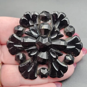 Antique Victorian Faceted French Jet Black Faceted Glass Large Brooch Mourning - Bild 1 von 10